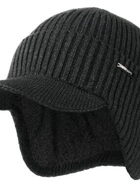 Unisex Slate Grey Lined Knit Beanie Brim Ear Flaps Winter Classic Stocking Cap